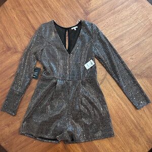 Metallic Ribbed Long-Sleeve Romper - Brown Sparkle